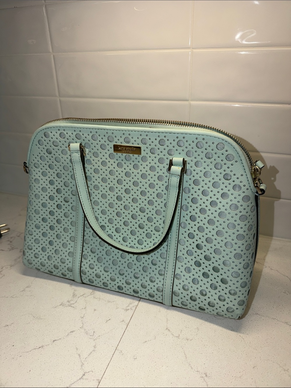 kate spade mint perforated dome satchel with gold hardware